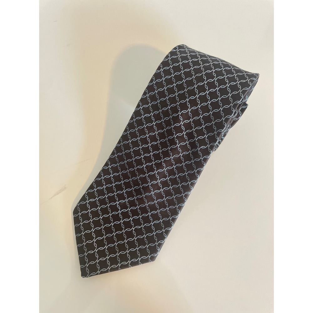 Lanvin Paris Mens Silk Tie Brown Blue Geometric Chain Link Made in France Luxury
